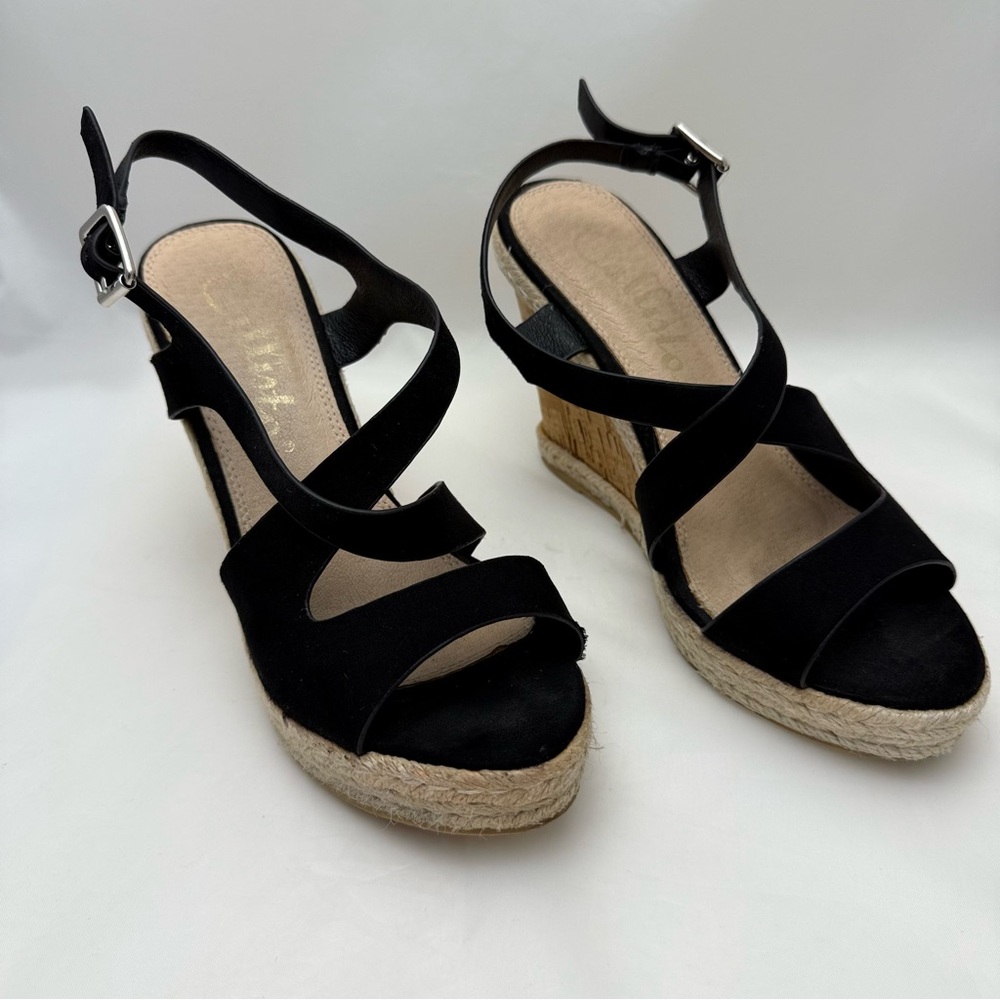 Callisto Black Espadrille Wedge Sandals